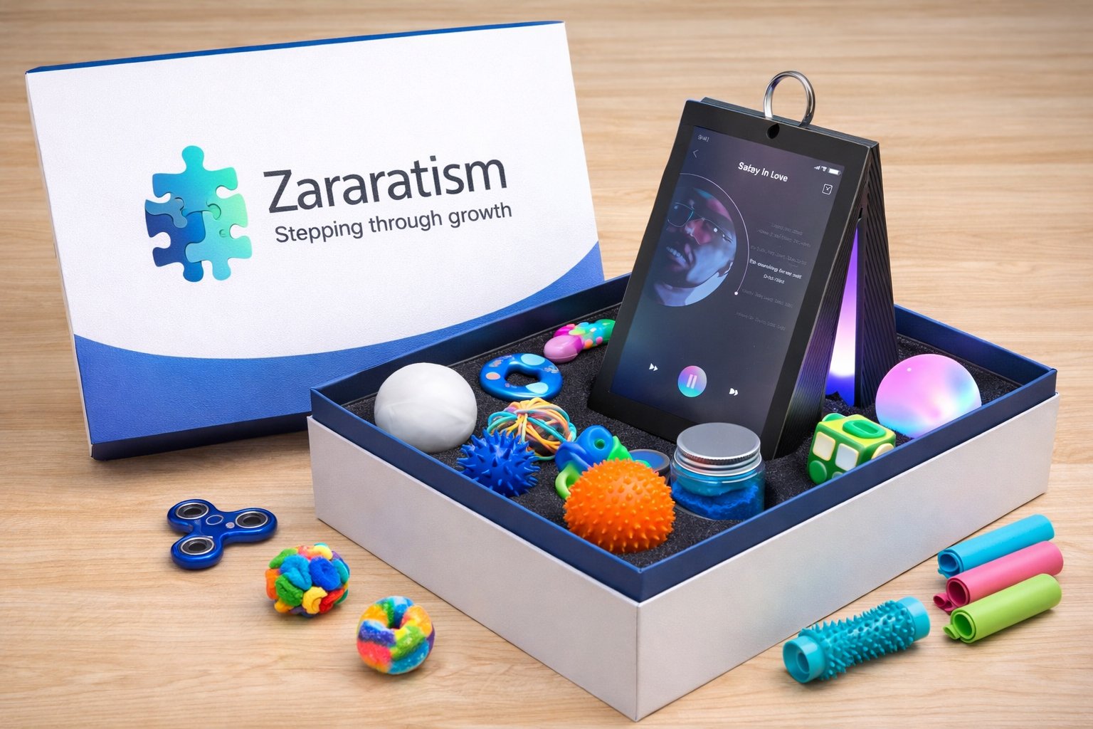 Zararatism educational sensory box containing colorful fidget toys, textured balls, and a smartphone app on wooden surface