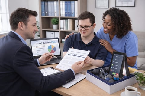 Three professionals reviewing Small Business content on a laptop and documents during a meeting at an office desk