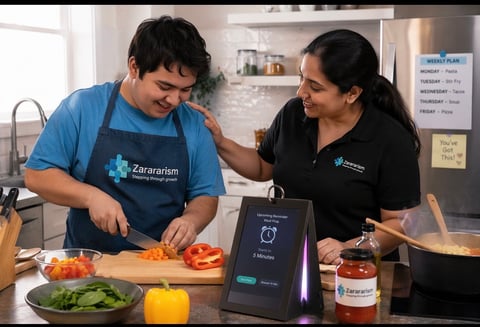 Two people in aprons cooking together in a kitchen, chopping vegetables with a smart kitchen device visible on the counter