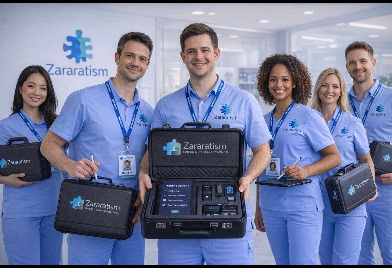 Six Zararatism team members in blue uniforms holding branded devices and equipment in an office setting