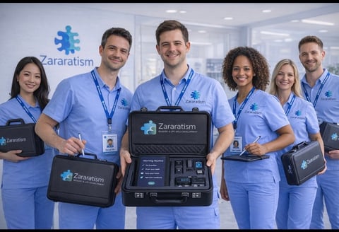 Six Zararatism team members in blue uniforms holding branded devices and equipment in an office setting