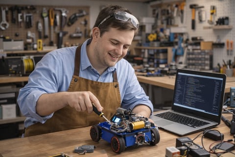 Man in workshop adjusting a blue robotic vehicle with laptop and tools visible in background
