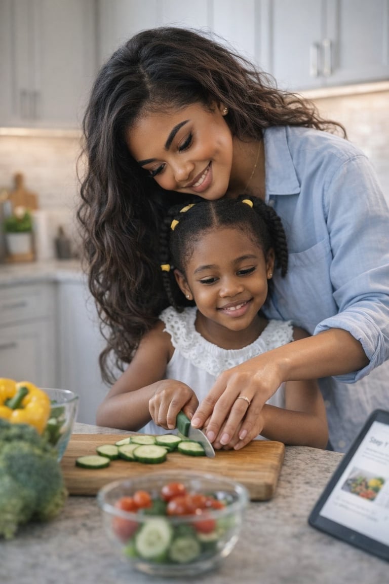 Woman and young girl prepare fresh vegetables together in a bright kitchen, smiling while cutting cucumbers on a cutting board