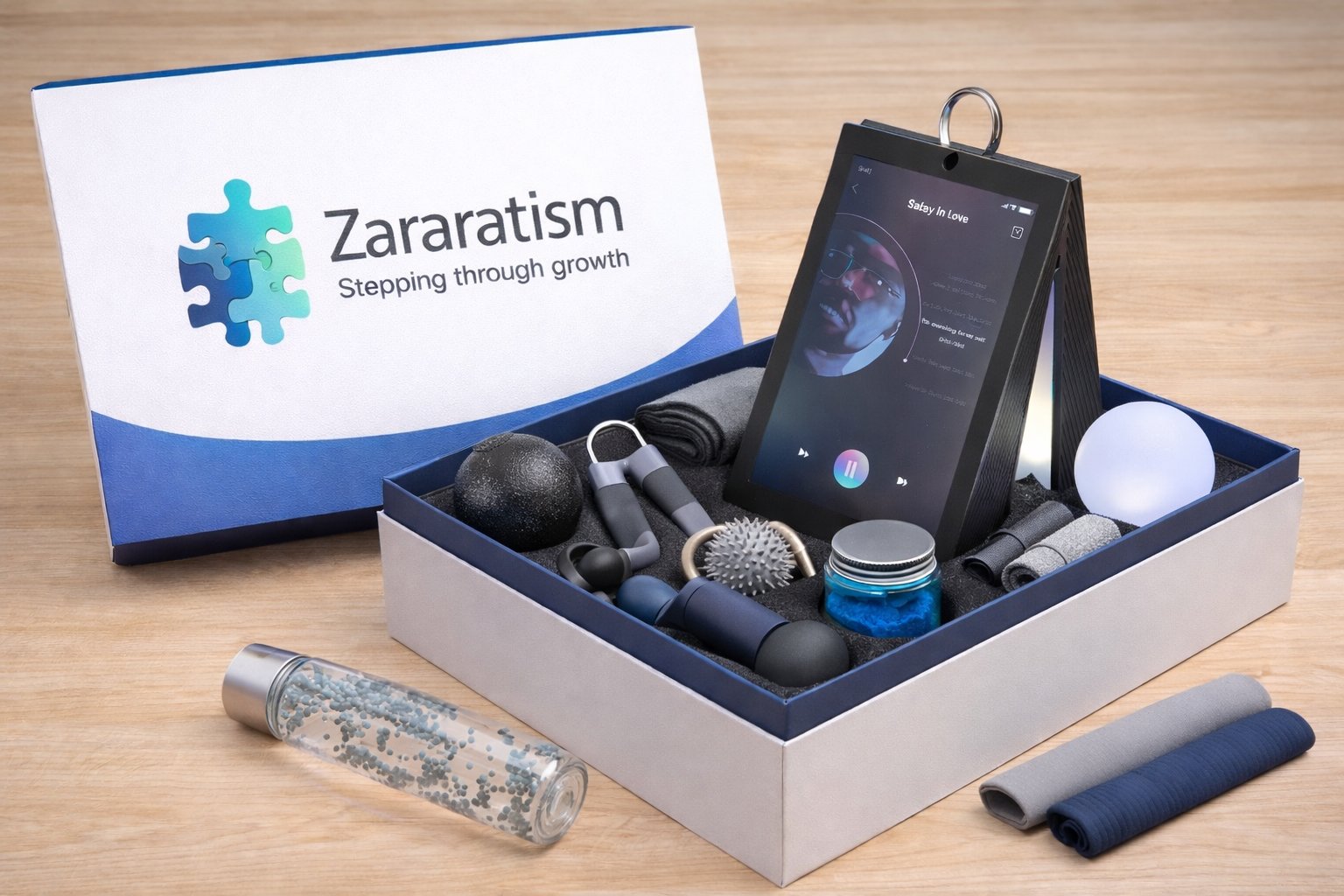 Zararatism wellness product collection displayed with branded box, massage balls, facial roller, water bottle, and smartphone app on wooden surface