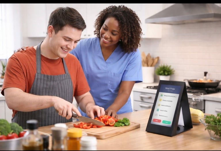 Two people cooking together in a modern kitchen, with one chopping vegetables on a cutting board and a tablet displaying a recipe nearby